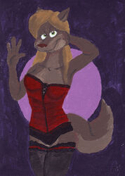  brown_body brown_fur canid canine canis clothing corset female fur gesture green_eyes legwear lingerie mammal panties stockings tabbiewolf topwear underwear waving wolf 