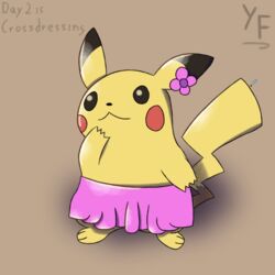  1:1 2023 black_nose black_sclera bottomwear clothed clothing crossdressing digital_media_(artwork) fates feral flower gender_symbol generation_1_pokemon kinktober male male_symbol mammal nintendo pikachu pink_clothing plant pokemon pokemon_(species) rodent shadow signature simple_background skirt solo symbol tail text yellow_body 