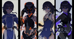  4girls absurdres alternate_costume bad_id bad_pixiv_id bare_shoulders black_bodysuit black_gloves black_hair blue_dress blue_eyes blue_shirt bodysuit character_name china_dress chinese_clothes closed_mouth company_name dress elbow_gloves fu_hua fu_hua_(shadow_knight) fu_hua_(valkyrie_accipiter) glasses gloves highres honkai_(series) honkai_impact_3rd long_hair mask multiple_girls multiple_views official_alternate_costume ponytail shirt sleeveless sleeveless_dress v-shaped_eyebrows white_dress wucanming 