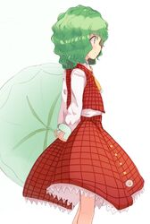  aged_down arms_behind_back commentary cowboy_shot female green_hair green_umbrella highres holding holding_umbrella kazami_yuuka lolicon long_sleeves medium_hair plaid plaid_skirt plaid_vest profile red_eyes red_skirt red_vest ripu_(lipi) skirt solo symbol-only_commentary touhou umbrella vest wavy_hair 