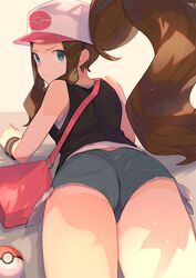  ass bag blue_eyes blue_shorts blush brown_hair closed_mouth denim denim_shorts female flat_ass from_behind hat highres hilda_(pokemon) long_hair looking_at_viewer looking_back lying on_stomach poke_ball poke_ball_(basic) pokemon pokemon_bw ponytail shorts sidelocks sleeveless solo spring2013 sweatdrop thighs 