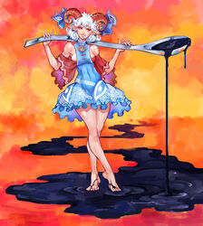  armpitcore420 bare_legs bare_shoulders barefoot blue_dress blue_ribbon breasts clothing_cutout covered_navel crossed_legs curled_horns curly_hair dress earrings eye_print eyebrows female fingernails frilled_dress frills grin hands_up highres holding horizontal_pupils horn_ornament horn_ribbon horns jewelry mandarin_collar meandros medium_breasts medium_hair oil orange_background over_shoulder oversized_object pink_nails pointy_ears red_eyes red_sleeves ribbon sharp_fingernails sharp_teeth shoulder_cutout smile solo spoon standing sunken_fossil_world teeth touhou toutetsu_yuuma watson_cross white_hair wide_sleeves 