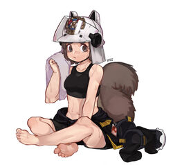  absurdres animal_ears_helmet arknights bad_id bad_pixiv_id barefoot boots boridongja brown_eyes brown_hair feet female fire_helmet firefighter firefighter_jacket highres indian_style jacket midriff photoshop_(medium) shaw_(arknights) short_hair sitting soles solo squirrel_girl squirrel_tail sweat tail tank_top towel unworn_boots unworn_jacket white_background 