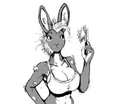  2022 anthro big_breasts breasts brush cleavage clothed clothing eyebrow_piercing facial_hair facial_piercing female greyscale hairbrush hi_res hladilnik lagomorph leporid lip_piercing mammal monochrome piercing pro_bun_(hladilnik) rabbit shedding sideburns solo 