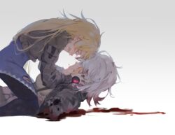  2girls amputee blonde_hair blood blue_dress brown_jacket chinese_commentary commentary_request crying cuts death dress from_side girls&#039;_frontline gradient_background grey_background grey_hair hair_over_eyes holding_another&#039;s_head imoko_(imonatsuki) injury jacket kneeling long_hair long_sleeves lying multiple_girls on_back open_mouth pantyhose sad short_hair sl8_(girls&#039;_frontline) sobbing straddling tears torn_clothes torn_jacket vhs_(girls&#039;_frontline) 