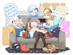  2girls ^_^ barefoot blonde_hair bloop_(gawr_gura) blue_eyes blue_hair blunt_bangs bubba_(watson_amelia) canine closed_eyes couch death-sensei_(mori_calliope) deerstalker english_commentary english_text engrish_text feet fukaru_oh gawr_gura gawr_gura_(1st_costume) grey_hair hair_ornament handheld_game_console hat highres holding holding_handheld_game_console hololive hololive_english holomyth instrument kotori_(takanashi_kiara) legs legs_on_another&#039;s_lap magnifying_glass multicolored_hair multiple_girls music nintendo_switch open_mouth pillow plaid plaid_skirt playing_instrument ranguage shark_hair_ornament sharp_teeth sitting skirt smile streaked_hair sunglasses tail takodachi_(ninomae_ina&#039;nis) teeth thighhighs toes two_side_up virtual_youtuber watson_amelia watson_amelia_(1st_costume) 