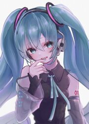  :d alternate_color bare_shoulders black_shirt blue_eyes blue_hair blue_nails blue_ribbon collared_shirt detached_sleeves female floating_hair grey_sleeves hair_between_eyes hatsune_miku hatsune_miku_(nt) headphones highres katorea layered_sleeves long_hair long_sleeves looking_at_viewer nail_polish neck_ribbon open_mouth piapro ribbon see-through see-through_sleeves shirt simple_background sleeveless sleeveless_shirt smile solo upper_body very_long_hair vocaloid white_background wing_collar 