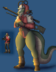  anthro ass big_breasts big_butt breasts carnivorous_plant clothed clothing crocodile crocodilian crocodylid female hi_res miss-mundany_(photolol.03) muscular muscular_female photolol.03 plant reptile scalie simple_background sniper_(team_fortress_2) solo team_fortress_2 thick_thighs valve wide_hips 