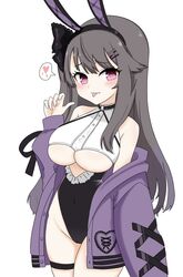  :p animal_ears arm_at_side azur_lane bare_shoulders black_hairband black_leotard blush bow breasts brown_hair choker clothing_cutout covered_navel cowboy_shot cutout_above_navel dot_nose eyes_visible_through_hair fake_animal_ears fellatio_gesture female frilled_leotard frills groin hair_flaps hair_ornament hair_over_shoulder hairband hairbow hairclip hand_up heart highleg highleg_leotard highres jacket jacket_partially_removed large_breasts leotard light_purple_hair light_smile long_hair long_sleeves looking_at_viewer looking_to_the_side multicolored_hair navel off_shoulder oha_(oha_h22) open_clothes open_jacket pamiat_merkuria_(azur_lane) parted_bangs pink_eyes playboy_bunny puffy_long_sleeves puffy_sleeves purple_eyes purple_jacket rabbit_ears raised_eyebrows sidelocks sideways_glance simple_background skindentation solo speech_bubble spoken_heart standing streaked_hair swept_bangs thigh_strap tongue tongue_out tsurime two-tone_hair underboob underboob_cutout white_background 