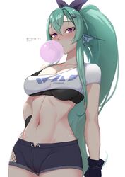  absurdres artist_name black_shorts blush breasts chewing_gum cosplay crop_top female finana_ryugu fins fish_girl gloves green_hair hair_ornament head_fins highres honkai:_star_rail honkai_(series) long_hair long_sleeves looking_at_viewer myth1carts nijisanji nijisanji_en patreon_logo pixiv_logo ponytail purple_eyes shirt shorts silver_wolf_(honkai:_star_rail) single-shoulder_shirt solo twitter_logo virtual_youtuber white_background white_shirt 