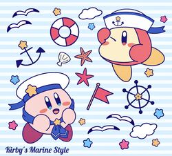  absurdres anchor anchor_symbol arm_up bird blue_background blue_eyes blue_neckerchief blue_ribbon blush blush_stickers character_name cloud commentary_request english_commentary english_text flag full_body hands_up happy hat hat_ribbon highres kirby kirby_(series) lifebuoy miwa_(ahyuck) mixed-language_commentary neckerchief no_humans no_mouth one_eye_closed open_mouth partial_commentary red_eyes ribbon sailor_hat seabird seagull seashell shading_eyes shell ship&#039;s_wheel smile solid_oval_eyes star_(symbol) starfish striped striped_background swim_ring waddle_dee white_headwear 