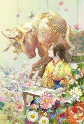  aqua_flower black_hair bull chinese_zodiac female flower highres holding holding_paintbrush horns micho nengajou new_year original paintbrush pink_flower red_flower sitting solo table through_medium through_painting through_screen white_flower year_of_the_ox yellow_flower 