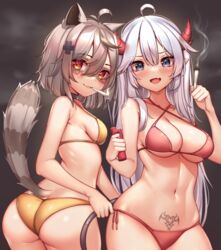  2girls :d ahoge animal_ears ass bare_arms bare_shoulders bikini blue_eyes breasts cigarette cleavage cowboy_shot criss-cross_halter demon_horns grey_hair hair_between_eyes halterneck horns indie_virtual_youtuber joint_(drug) kaptivate large_breasts looking_at_viewer marijuana medium_breasts multiple_girls navel oerba_yun_fang open_mouth pointy_ears pubic_tattoo raccoon_ears raccoon_girl raccoon_tail red_bikini red_eyes short_hair side-tie_bikini_bottom sideboob smile smoke snuffy_(vtuber) stomach stoned string_bikini swimsuit tail tattoo twisted_torso vei_(vtuber) virtual_youtuber wand_lighter white_hair yellow_bikini 