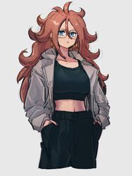  :o alternate_costume android_21 black_pants blue_eyes collarbone commentary_request crop_top dragon_ball dragon_ball_fighterz earrings female glasses grey_background hair_between_eyes hands_in_pockets hoop_earrings jewelry kemachiku long_hair looking_at_viewer midriff navel pants red_hair simple_background solo 