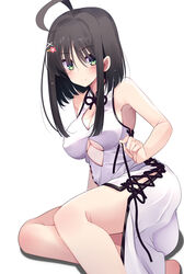  ahoge alternate_costume bare_arms black_ribbon blunt_ends blush breasts china_dress chinese_clothes cleavage cleavage_cutout closed_mouth clothing_cutout commentary_request dress eyelashes feet_out_of_frame female flower green_eyes hair_between_eyes hair_flower hair_ornament hairclip hip_vent hitachi_mako holding holding_ribbon large_breasts looking_at_viewer nazo_no_murasame_chiaki pink_flower ribbon senren_banka short_hair_with_long_locks sideless_outfit sidelocks simple_background sitting sleeveless sleeveless_dress smile solo straight_hair thighs underboob white_background white_dress x_hair_ornament yokozuwari 