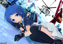  2020 4girls aircraft black_gloves black_thighhighs blue_eyes blue_hair commentary_request crane_(machine) dated dutch_angle elbow_gloves fairy_(kancolle) gloves gradient_hair harbor helicopter highres js_samidare_(kancolle) k_b_sho kantai_collection long_hair lying machinery multicolored_hair multiple_girls on_side samidare_(kancolle) school_uniform serafuku shirt sleeveless sleeveless_shirt solo_focus swept_bangs thighhighs very_long_hair 