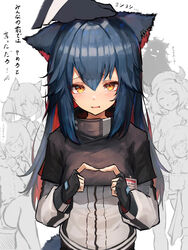  1other 5girls absurdres animal_ears arknights bison_(arknights) black_gloves blue_hair blush colored_inner_hair commentary croissant_(arknights) doctor_(arknights) exusiai_(arknights) fingerless_gloves gloves hair_between_eyes hand_on_another&#039;s_head headpat highres lappland_(arknights) long_hair looking_at_viewer multicolored_hair multiple_girls penguin_logistics_(arknights) red_hair silhouette_demon simple_background sora_(arknights) tab_head tail texas_(arknights) translated twiddling_fingers two-tone_hair white_background wolf_ears wolf_tail yellow_eyes 