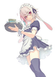  1boy alternate_costume animal_ears ansel_(arknights) apron arknights black_thighhighs blush closed_mouth commentary_request crossdressing cup dress enmaided flying_sweatdrops hair_between_eyes holding holding_tray looking_at_viewer maid maid_headdress male_focus otoko_no_ko pink_hair puffy_sleeves rabbit_boy rabbit_ears red_eyes simple_background solo standing thighhighs tray waist_apron white_background yoruhachi 