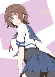  bike_shorts black_shorts blush breasts brown_hair commentary_request cowboy_shot cropped_shirt eye_trail female from_behind furutaka_(kancolle) glowing glowing_eye hair_between_eyes highres kantai_collection light_trail looking_at_viewer looking_back medium_breasts neckerchief parted_lips pink_background red_neckerchief school_uniform serafuku shirt short_hair short_sleeves shorts simple_background solo taira_yuuki two-tone_background white_background white_shirt yellow_eyes 