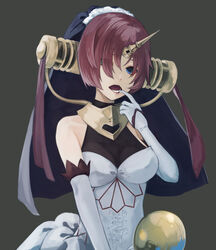  bare_shoulders black_background blue_eyes breasts cleavage dress elbow_gloves fate/apocrypha fate_(series) female finger_to_mouth frankenstein&#039;s_monster_(fate) gloves green_eyes hair_over_eyes headgear heterochromia highres horns mechanical_horns medium_breasts mori_yashiro_(konkon_oyashiro) open_mouth red_hair see-through see-through_cleavage short_hair simple_background single_horn solo teeth veil white_dress white_gloves 