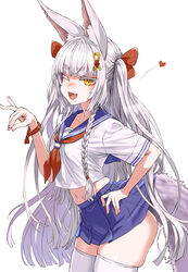  alternate_costume animal_ear_fluff animal_ears asanagi asanagi_(azur_lane) azur_lane blue_sailor_collar blunt_bangs blunt_ends braid colored_eyelashes commentary_request female fox_ears fox_girl fox_shadow_puppet fox_tail hair_ornament heart highres hikimayu long_hair looking_at_viewer miniskirt muffin_top neckerchief oerba_yun_fang one_eye_closed open_mouth pleated_skirt red_neckerchief sailor_collar school_uniform serafuku shirt short_eyebrows simple_background single_braid skindentation skirt smile solo tail thighhighs very_long_hair white_background white_hair white_shirt white_thighhighs yellow_eyes zettai_ryouiki 