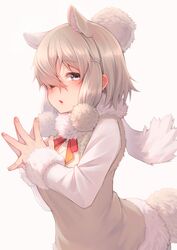  akuma_(st.takuma) alpaca_ears alpaca_girl alpaca_suri_(kemono_friends) alpaca_tail animal_ears bow bowtie brown_vest commentary cowboy_shot extra_ears female fur_collar hair_bun hair_over_one_eye hair_tubes highres kemono_friends long_sleeves looking_at_viewer own_hands_together red_bow red_bowtie short_hair single_hair_bun solo steepled_fingers sweater tail vest white_fur white_hair white_sweater 