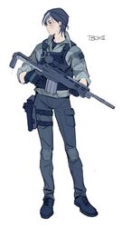  artist_name battle_rifle beanie black_footwear black_gloves black_hair black_hat black_pants camouflage camouflage_jacket closed_mouth commentary dokkaebi_(rainbow_six_siege) earrings female full_body glasses gloves gun hat highres holding holding_gun holding_weapon holster jacket jewelry m14 mk_14_ebr pants police police_uniform policewoman rainbow_six_siege rifle shoes short_hair simple_background sleeves_rolled_up solo symbol-only_commentary tb_choi12 uniform vest weapon white_background 