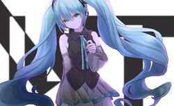  alternate_color black_shirt blue_eyes blue_hair blue_ribbon brown_skirt closed_mouth commentary cowboy_shot detached_sleeves female floating_hair grey_sleeves hair_between_eyes hatsune_miku hatsune_miku_(nt) headphones highres katorea long_hair long_sleeves looking_at_viewer miniskirt neck_ribbon piapro pleated_skirt ribbon shirt skirt sleeveless sleeveless_shirt solo standing twintails very_long_hair vocaloid 