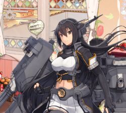  balloon black_gloves black_hair crop_top elbow_gloves female fingerless_gloves game_screenshot gloves headgear kantai_collection long_hair lowres machinery midriff midriff_peek miniskirt nagato_(kancolle) navel pleated_skirt red_eyes shizuma_yoshinori skirt stained_glass thighhighs turret 