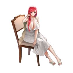  alternate_hairstyle areolae blush breasts chair cleavage cosplay dress earrings female flip-flops full_body highres hongryeon_(last_origin) huge_breasts jewelry last_origin long_hair looking_at_viewer mole mole_under_eye necklace official_alternate_costume official_art ponytail purple_eyes red_hair red_nails sandals see-through sitting skindentation smile solo tachi-e taesi third-party_source transparent_background white_dress 