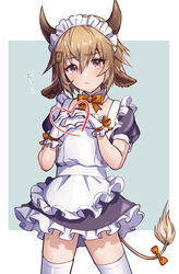  1boy alternate_costume animal_ears apron arknights bison_(arknights) bow bowtie brown_bow brown_bowtie brown_eyes brown_hair brown_horns commentary_request cow_boy cow_ears cow_horns cow_tail cowboy_shot crossdressing detached_collar enmaided frilled_apron frilled_gloves frills gloves hair_ornament heart heart_hands horns maid maid_headdress male_focus otoko_no_ko ribbon short_sleeves simple_background solo tail tail_ornament tail_ribbon thighhighs two-tone_background white_apron white_gloves white_thighhighs yoruhachi 