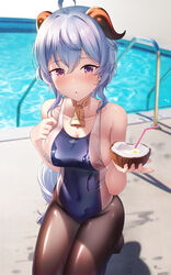  ahoge alternate_costume bare_shoulders bell blue_hair blue_one-piece_swimsuit blurry blurry_background blush breasts brown_pantyhose caustics cleavage coconut collarbone commentary competition_swimsuit covered_navel cowbell curled_horns day depth_of_field drinking_straw embarrassed emblem female flower food fruit fruit_cup ganyu_(genshin_impact) genshin_impact goat_horns hair_between_eyes hand_on_own_chest hands_up highleg highleg_swimsuit highres holding holding_food holding_fruit horns jewelry kneeling long_hair medium_breasts multicolored_clothes multicolored_swimsuit neck_bell neck_ring no_shoes one-piece_swimsuit outdoors pantyhose pantyhose_under_swimsuit parted_lips pink_nails pool poolside purple_eyes raised_eyebrows see-through shadow shiny_clothes shiny_skin shirosaba sideboob skindentation swimsuit symbol-only_commentary very_long_hair water wavy_hair wet wet_clothes wet_swimsuit white_flower white_one-piece_swimsuit 