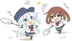  2girls anchor_symbol badminton badminton_racket black_headwear black_sailor_collar black_skirt black_thighhighs blue_eyes brown_hair chibi commentary flat_cap grey_hair hair_ornament hairclip hat hibiki_(kancolle) highres hizuki_yayoi holding holding_racket ikazuchi_(kancolle) kantai_collection long_hair multiple_girls neckerchief oerba_yun_fang playing_games pleated_skirt racket red_neckerchief sailor_collar school_uniform serafuku short_hair shuttlecock simple_background skin_fang skirt thighhighs white_background 