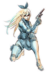  absurdres black_eyes blonde_hair commentary cosplay english_commentary female green_ribbons gun hair_ribbon handgun headband highres holding holding_gun holding_weapon looking_at_viewer maplesights metal_gear_(series) nijisanji nijisanji_en parody pointy_ears pomu_rainpuff ribbon shinkawa_youji_(style) simple_background solid_snake solid_snake_(cosplay) solo style_parody suppressor virtual_youtuber weapon white_background 