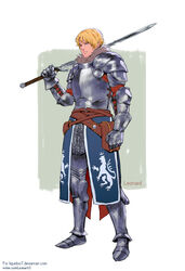  1boy armor blonde_hair blue_eyes breastplate chainmail chains character_name commission cuirass deviantart_username full_body gauntlets greaves grey_background hair_between_eyes holding holding_sword holding_weapon knight leg_armor lion_print male_focus medieval original over_shoulder pauldrons plate_armor poleyn rejean_dubois rondel sabaton short_hair shoulder_armor simple_background solo standing sword sword_over_shoulder twitter_username two-handed_sword two-tone_background watermark weapon weapon_over_shoulder web_address white_background 