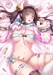  2r-_(pixiv8168114) animal_ears asymmetrical_legwear bed_sheet bell black_bow black_choker black_legwear blush bow brown_hair candy choker destiny_child fake_animal_ears fangs female fingernails food frilled_legwear garter_straps hairbow heart heart-shaped_pupils highres holding holding_letter hood hood_down letter long_hair love_letter mismatched_legwear navel open_mouth pakhet_(destiny_child) pink_bow pink_eyes sleeves_past_wrists solo spikes symbol-shaped_pupils thighhighs tongue torn_clothes torn_thighhighs twintails white_legwear white_nails 