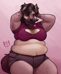  2022 5:6 anthro belly belly_rolls big_belly big_breasts black_hair black_lips breasts cleavage_cutout clothing collar colored_nails cutout ear_piercing fangs fat_rolls female fur fur_tuft hair hand_on_head heart_symbol hi_res hyena leena_(miltonholmes) lips looking_at_viewer mammal markings miltonholmes muffin_top nails overweight overweight_female piercing pink_eyes purple_clothing purple_shirt purple_topwear shirt simple_background slightly_chubby slightly_chubby_female smile smiling_at_viewer solo spots spotted_body spotted_fur teeth thick_thighs topwear tuft watermark 