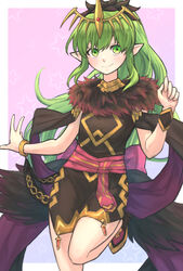  brown_dress closed_mouth dress female fire_emblem fire_emblem:_shadow_dragon fire_emblem_heroes fur_trim green_eyes green_hair hand_up headpiece highres long_hair looking_at_viewer official_alternate_costume pointy_ears ponytail smile solo tiki_(fire_emblem) tiki_(young)_(fire_emblem) very_long_hair zuzu_(ywpd8853) 