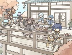  2boys 4girls aged_down animal black_hair blue_eyes blue_hair bonsai brown_hair chinese_clothes chongyun_(genshin_impact) closed_eyes dark-skinned_female dark_skin day feeding food genshin_impact guoba_(genshin_impact) hair_ornament hair_rings hairclip hat highres hu_tao_(genshin_impact) instrument lattice light_blue_hair lolicon long_hair long_sleeves multicolored_hair multiple_boys multiple_girls music ofuda one_eye_closed open_mouth outdoors plant playing_instrument potted_plant purple_hair qiqi_(genshin_impact) red_eyes red_hair shionosuke short_hair sidelocks sitting standing stool streaked_hair table tree twintails xiangling_(genshin_impact) xingqiu_(genshin_impact) xinyan_(genshin_impact) yellow_eyes 