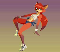  alternate_hairstyle anthro bottomwear canid canine clothing countershading female fox freckles fur green_eyes hair hi_res hotpants mammal orange_body orange_fur orange_hair patricia_mac_sionnach ponytail red_fox shorts solo tailless true_fox vgfm 