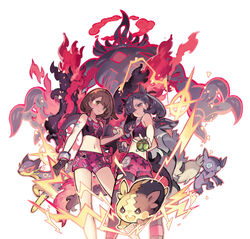  2girls black_hair blush brown_eyes brown_hair closed_mouth dusk_ball dynamax_band eyelashes gigantamax gigantamax_grimmsnarl gloria_(pokemon) gloves green_eyes grimmsnarl hair_ribbon holding holding_poke_ball leggings liepard marnie_(pokemon) morpeko morpeko_(full) multiple_girls navel obstagoon partially_fingerless_gloves poke_ball pokemon pokemon_(creature) pokemon_swsh premier_ball red_ribbon ribbon sableye short_hair single_glove smile sports_bra starshadowmagician 