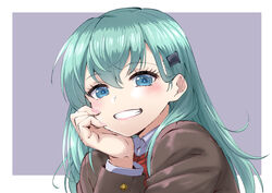  blouse blush border brown_cardigan cardigan commentary_request female green_eyes green_hair grin hair_between_eyes hair_ornament hairclip ishii_hisao kantai_collection long_hair long_sleeves looking_at_viewer neck_ribbon portrait red_ribbon ribbon shirt smile solo suzuya_(kancolle) suzuya_kai_ni_(kancolle) upper_body white_border white_shirt 