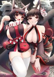  2girls absurdres aerial_fireworks animal_ear_fluff animal_ears azur_lane black_hair breasts cat_mask center_opening dark_persona detached_sleeves evil_smile fireworks gradient_legwear hand_on_own_cheek hand_on_own_face highres large_breasts long_sleeves mask mask_on_head medium_hair multiple_girls night open_mouth paw_pose red_eyes red_thighhighs sideboob sideless_kimono smile thighhighs torn_clothes torn_thighhighs very_long_sleeves white_thighhighs wide_sleeves yamaha_tsui yamashiro_(azur_lane) yamashiro_(meta)_(azur_lane) zettai_ryouiki 