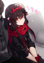  1boy :o black_gloves black_jacket brown_hair closed_mouth couch dog_tags female gloves hair_between_eyes headband headpat heart holding_another&#039;s_head jacket long_hair looking_at_viewer lucia:_lotus_(punishing:_gray_raven) lucia_(punishing:_gray_raven) open_mouth punishing:_gray_raven red_eyes red_hair red_scarf sachiko_y scarf sitting sleeves_past_elbows twintails 