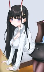  absurdres alternate_costume azur_lane black_bra black_hair black_skirt bra bra_peek breasts button_gap cake_walker cleavage collared_shirt earrings female highres horns jewelry korean_commentary leaning_forward long_hair looking_at_viewer noshiro_(azur_lane) office_lady oni_horns pantyhose pencil_skirt purple_eyes shirt skirt solo underwear white_shirt 