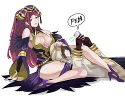  1boy bare_shoulders breasts bridal_gauntlets cleavage commission female fire_emblem fire_emblem_heroes hand_on_another&#039;s_head hat head_between_thighs high_heels j@ck kiran_(fire_emblem) kiran_(male)_(fire_emblem) large_breasts lips loki_(fire_emblem) long_hair looking_at_another ponytail purple_hair purple_nails straight thighs 