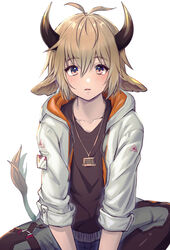  1boy ahoge animal_ears antenna_hair arknights bison_(arknights) black_shirt blush brown_hair cow_boy cow_ears cow_horns cow_tail hair_between_eyes horns jacket jewelry looking_at_viewer male_focus necklace open_mouth shirt short_hair simple_background sitting solo tail white_background yoruhachi 