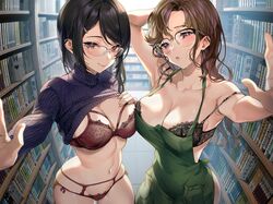  2girls apron bare_shoulders black_bra black_hair blue_sweater blush bookshelf bra breasts brown_hair cleavage clothes_lift collarbone glasses green_apron lace-trimmed_bra lace_trim large_breasts library long_hair looking_at_viewer mole mole_under_eye multiple_girls original panties parted_bangs purple_eyes red_bra red_panties ribbed_sweater sage_joh sweater swept_bangs turtleneck turtleneck_sweater underwear 