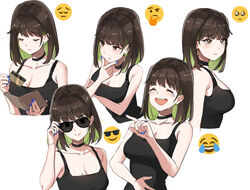  adjusting_eyewear bare_shoulders black_hair blue_nails blush breasts choker cleavage closed_eyes collarbone colored_inner_hair credit_card earrings emoji female fingernails from_side glasses green_hair highres holding jewelry laughing lips looking_at_viewer medium_breasts miru_(ormille) mole mole_on_breast multicolored_hair multiple_views nail_polish open_mouth original ormille pensive pleading_face_emoji short_hair simple_background smile sunglasses tears thinking thinking_emoji two-tone_hair upper_body white_background 