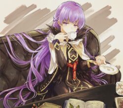  absurdly_long_hair absurdres belt black_feathers book braid commission commissioner_upload covered_mouth cup dress drinking feathers female fire_emblem fire_emblem:_the_binding_blade fire_emblem_heroes french_braid hair_flowing_over highres hisona_(suaritesumi) long_hair long_sleeves open_book purple_eyes purple_hair sitting skeb_commission skin_tight solo sophia_(fire_emblem) sophia_(resplendent)_(fire_emblem) sugar_cube tea teacup very_long_hair 